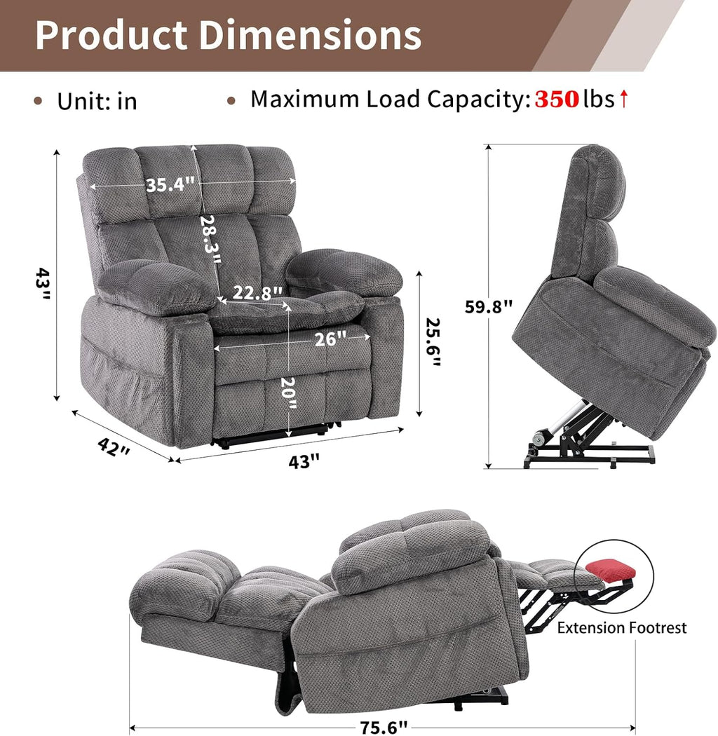 Dual Motor Power Lift Chair 26" Extra Wide Recliner Chair for Elderly with Headrest, Flip Arm Storage,Massage & Heat,Oversized Lay Flat Recliner with Cupholders,USB Ports,Type C,Zero Gravity