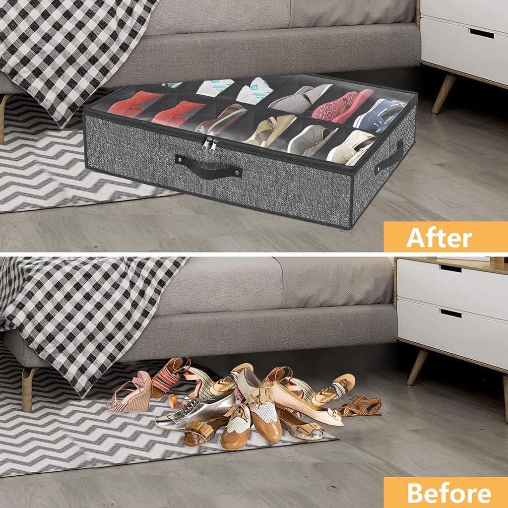 homyfort Under Bed Shoe Storage Organizer Fits 12 Pairs- Underbed Shoe Container Solution Shoes Box Bins with Clear Window for Sneakers,High Heels,Flip Flop(Black)