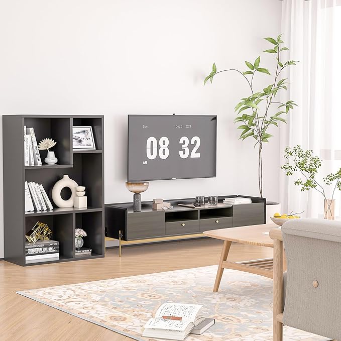 VECELO Modern Bookshelf, 5 Cube Shelf, Fits Tallest Hardcovers, Horizontal Available, Storage Organzier for Home Office, Matte Black