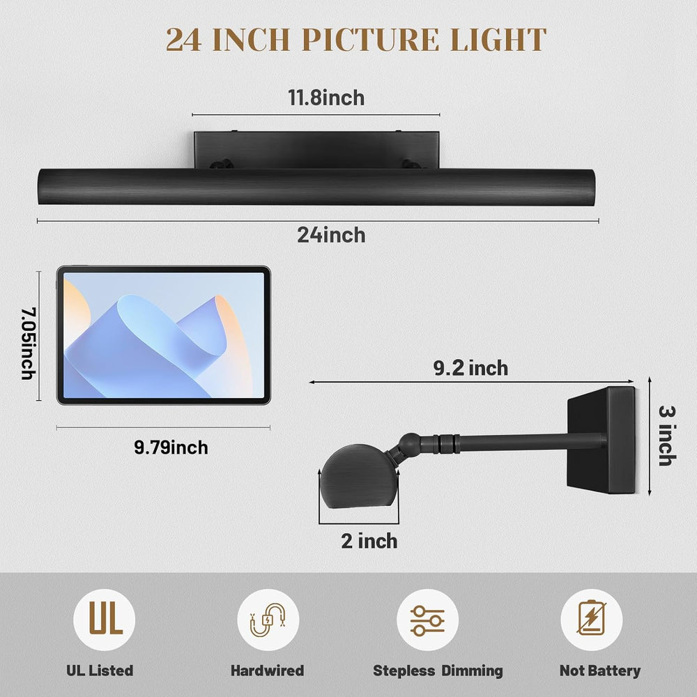 Matte Black Picture Lights for Wall, 24" Art Light Hardwired, 3-Light Br...