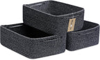 Large Shallow Organizing Baskets 15x11x5.1 Inches - Rope Woven Storage Bins for Bathroom, Shelves, Cube Closet, Mixed Black 3 Packs