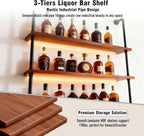 32" Wine Rack Wall Mounted with LED Lights, 3-Tiers Wall Bar Shelves | Solid Wood, Rustic Industrial Pipe Floating Shelves for Home, Restaurant, Commercial Bar, Kitchen Storage Display