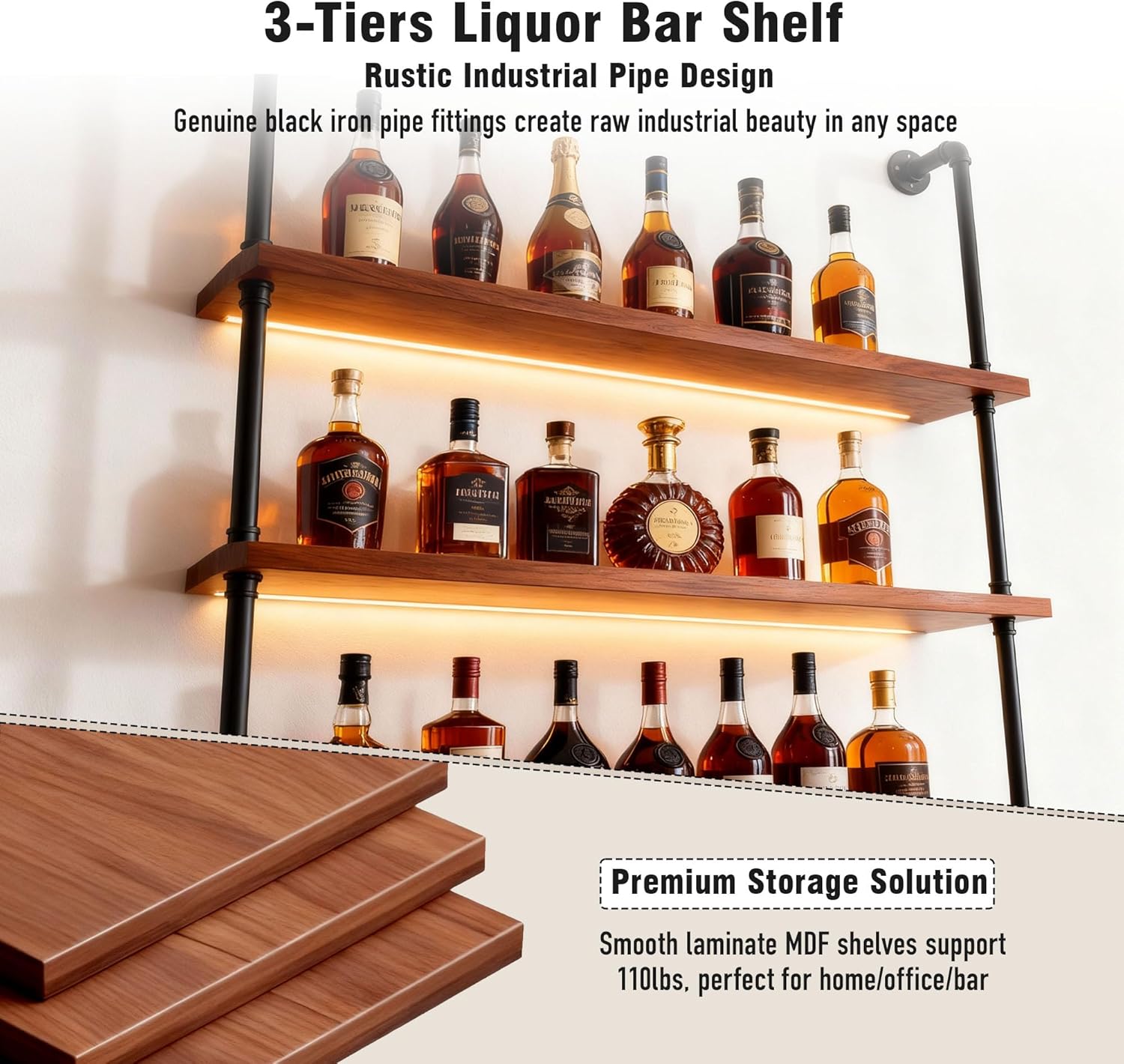 32" Wine Rack Wall Mounted with LED Lights, 3-Tiers Wall Bar Shelves | Solid Wood, Rustic Industrial Pipe Floating Shelves for Home, Restaurant, Commercial Bar, Kitchen Storage Display