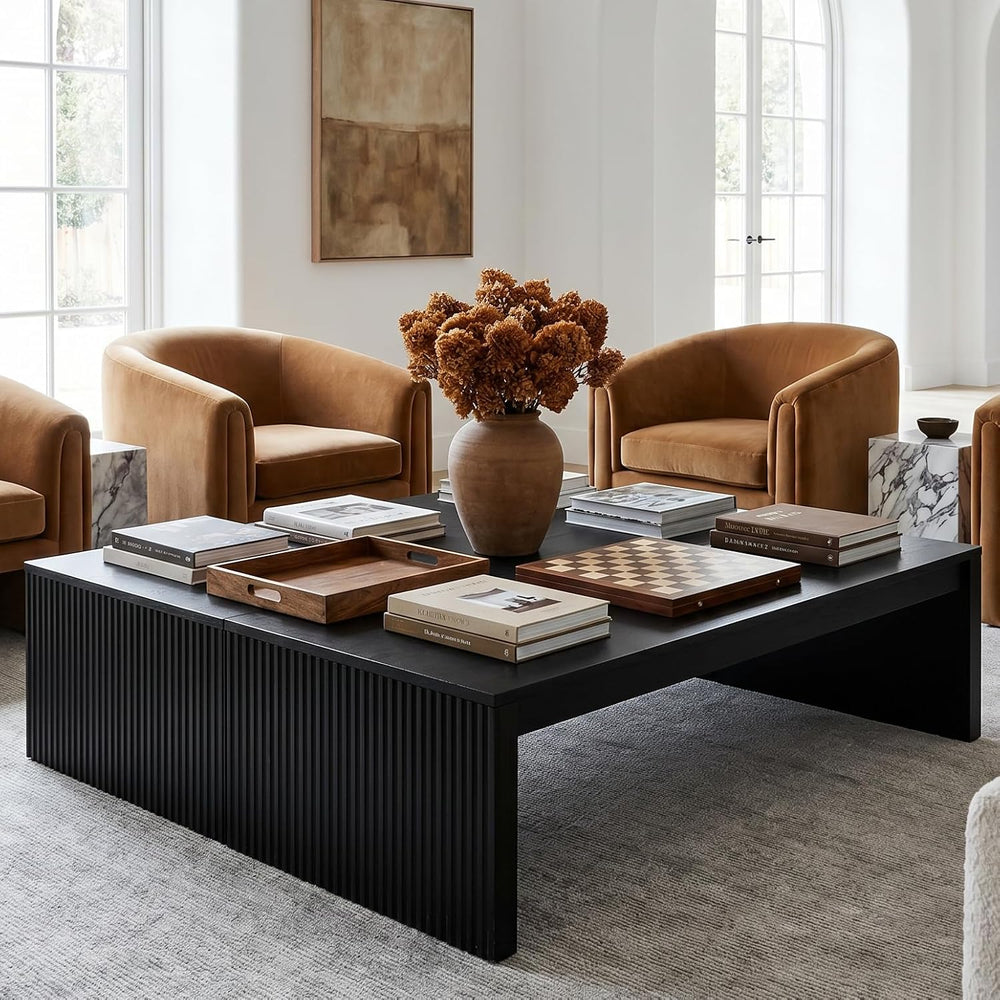 LITTLE TREE 39.4" Square Fluted Coffee Table, Mid-Century Modern Black C...