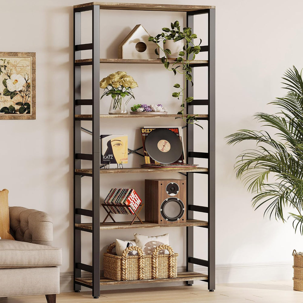 IRONCK Bookshelf, 31.5" Wide 6-Tier Industrial Bookcase, Industrial Brown