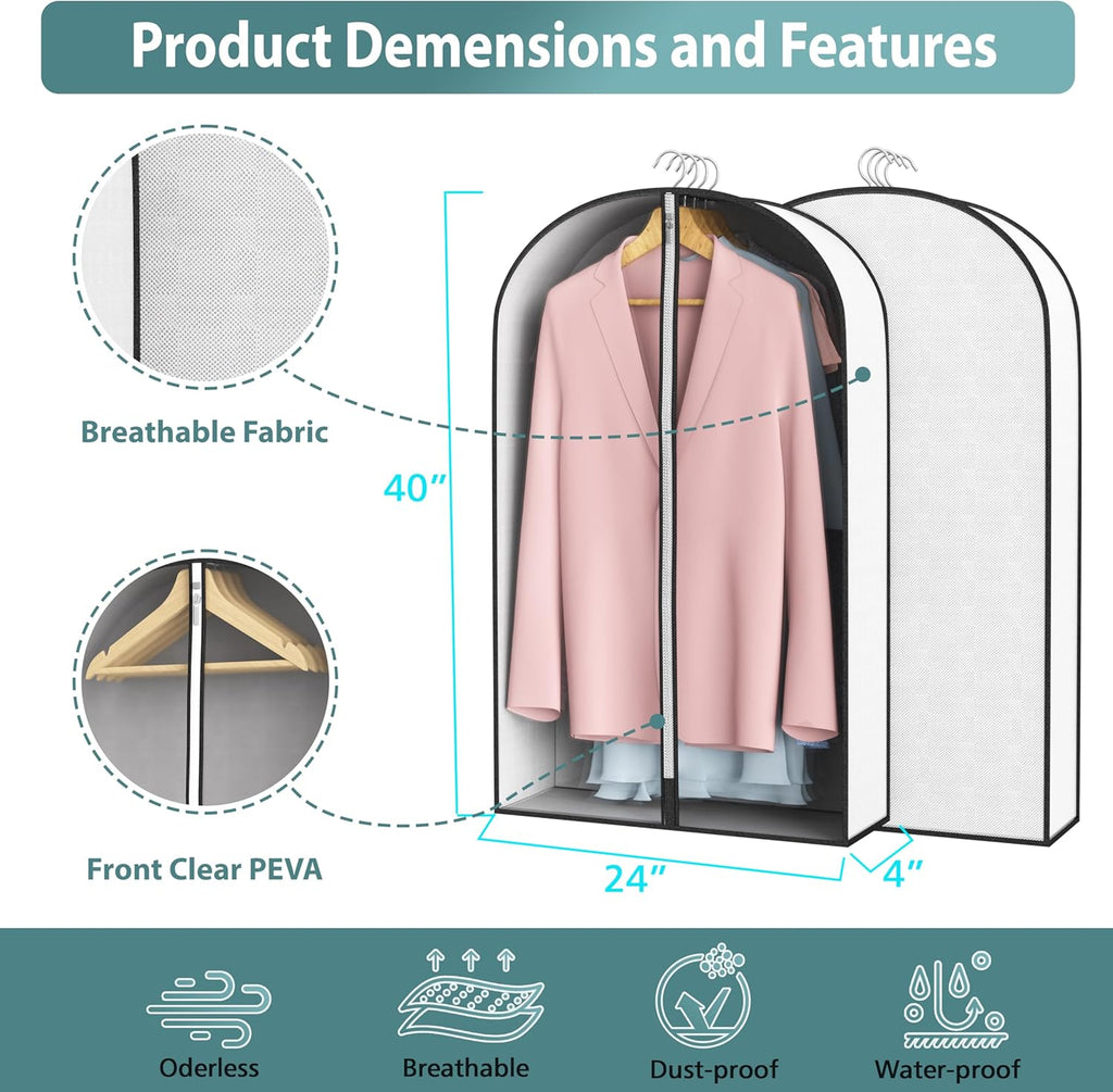 40” Garment Bags for Hanging Clothes 4” Gusseted - with Clear Window, Breathable Fabric, Metal Zipper, Suit Coat Dress Protector for Clothes Closet storage, Season Off, Moving, 3 Pack