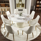 59" Round Dining Room Table, Faux Marble Dining Table for 8 Person with 31.5" Detachable Lazy Susan, Sintered Stone Dining Table with Carbon Steel Base and Wrapped Cream PU for Home(Only 1 Table)