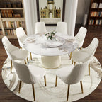 9 Piece Dining Table Chairs Set, Modern Dining Table Set of 8, Includes 59" D Marble Round Table with Beige Cylindric PU Wooden Base, 8 Beige Gold Dining Chairs for Home, Kitchen