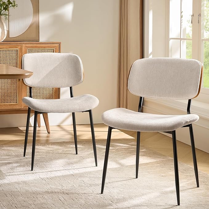 HULALA HOME Dining Chairs Set of 2 Mid-Century Modern Upholstered Kitchen Dining Room Chairs with Wood Curved Backrest, Black Metal Legs Fabric Dinner Chair for Living Room Cafe Restaurant Linen