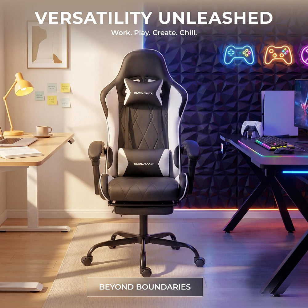 Dowinx Gaming Chair with Footrest, Ergonomic Office Chair, Black White | PU l...