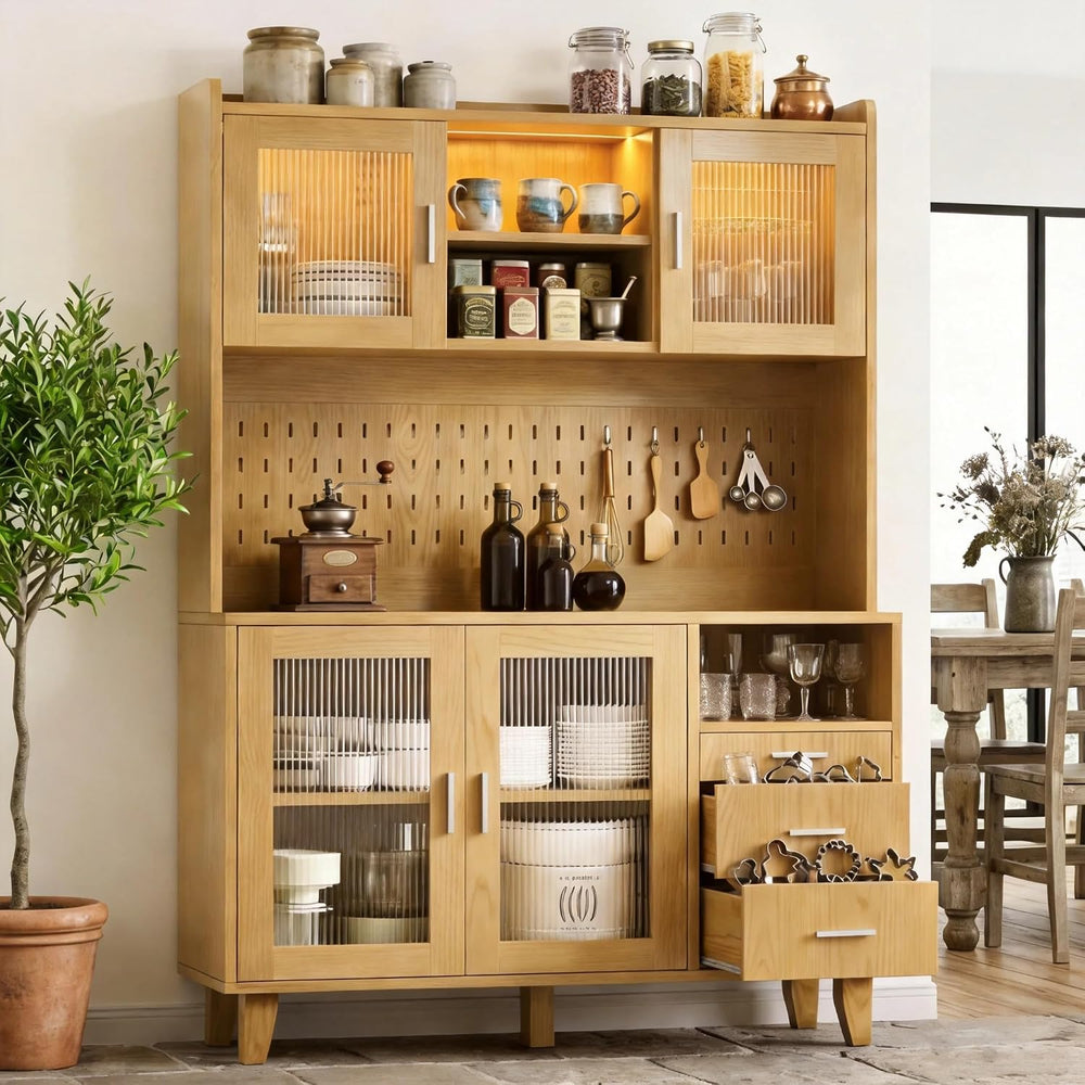71" Tall Hutch Cabinet with LED Light & Charging Station | Kitchen S...