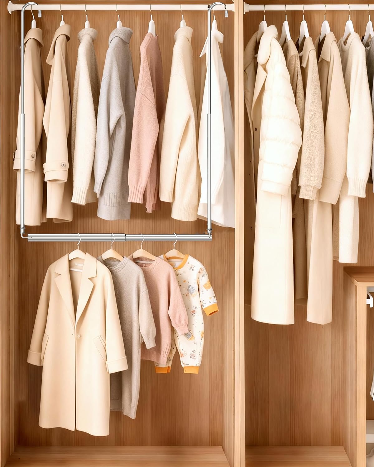 Hanging Closet Rod, Adjustable Height & Width Closet Rods for Hanging Clothes-Closet Extender Hanging Rod Space-Maximizing Design Suitable for Hanging and Drying Clothes, Silver