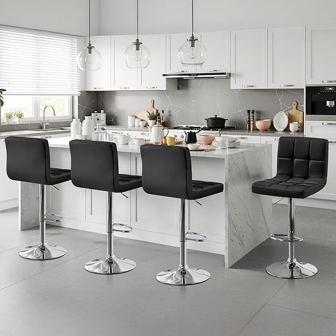 Yaheetech Bar Stools Set of 4, PU Leather Swivel Barstools, Height Adjustable Counter Chairs with Back for Bar Kitchen Island Dining Room, 300lb Capacity, Black