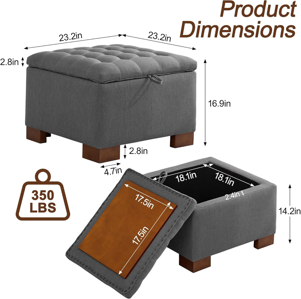 WUTUTUEE 24" Fabric Square Storage Ottoman with Wooden Tray, Modern Tuft...