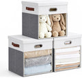 13x13 Inch Ultra Thick Fabric Storage Bins with Lids & Windows, 3P | Foldable, Closet Storage Bins, with 3 Handles, Home Decorative Boxes, for Bedroom, Living Room, Dorm, Office (Gray & White)