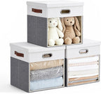 13x13 Inch Ultra Thick Fabric Storage Bins with Lids & Windows, 3P | Foldable, Closet Storage Bins, with 3 Handles, Home Decorative Boxes, for Bedroom, Living Room, Dorm, Office (Gray & White)