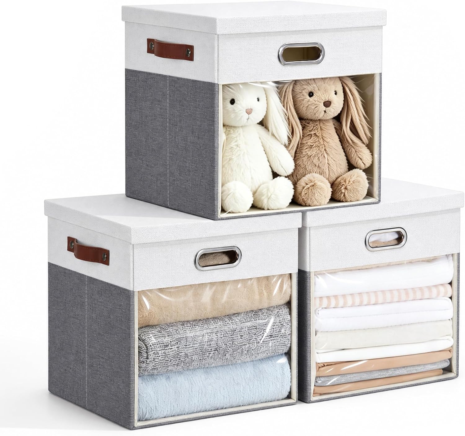 13x13 Inch Ultra Thick Fabric Storage Bins with Lids & Windows, 3P | Foldable, Closet Storage Bins, with 3 Handles, Home Decorative Boxes, for Bedroom, Living Room, Dorm, Office (Gray & White)