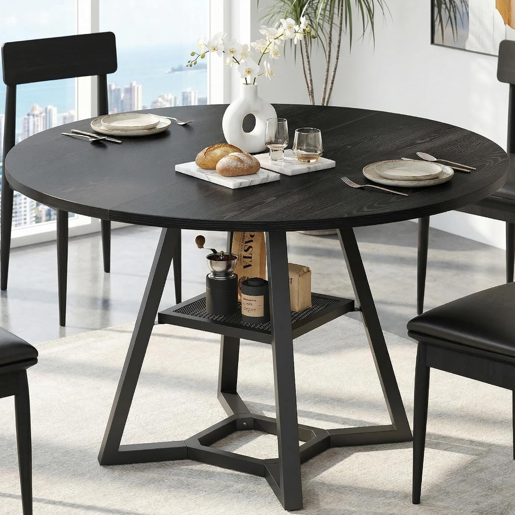 knoworld Round Dining Table for 4-6 with Storage Shelf, Kitchen & Dining Room Circle Pedestal Table, Heavy Duty Metal Frame & Wood Top