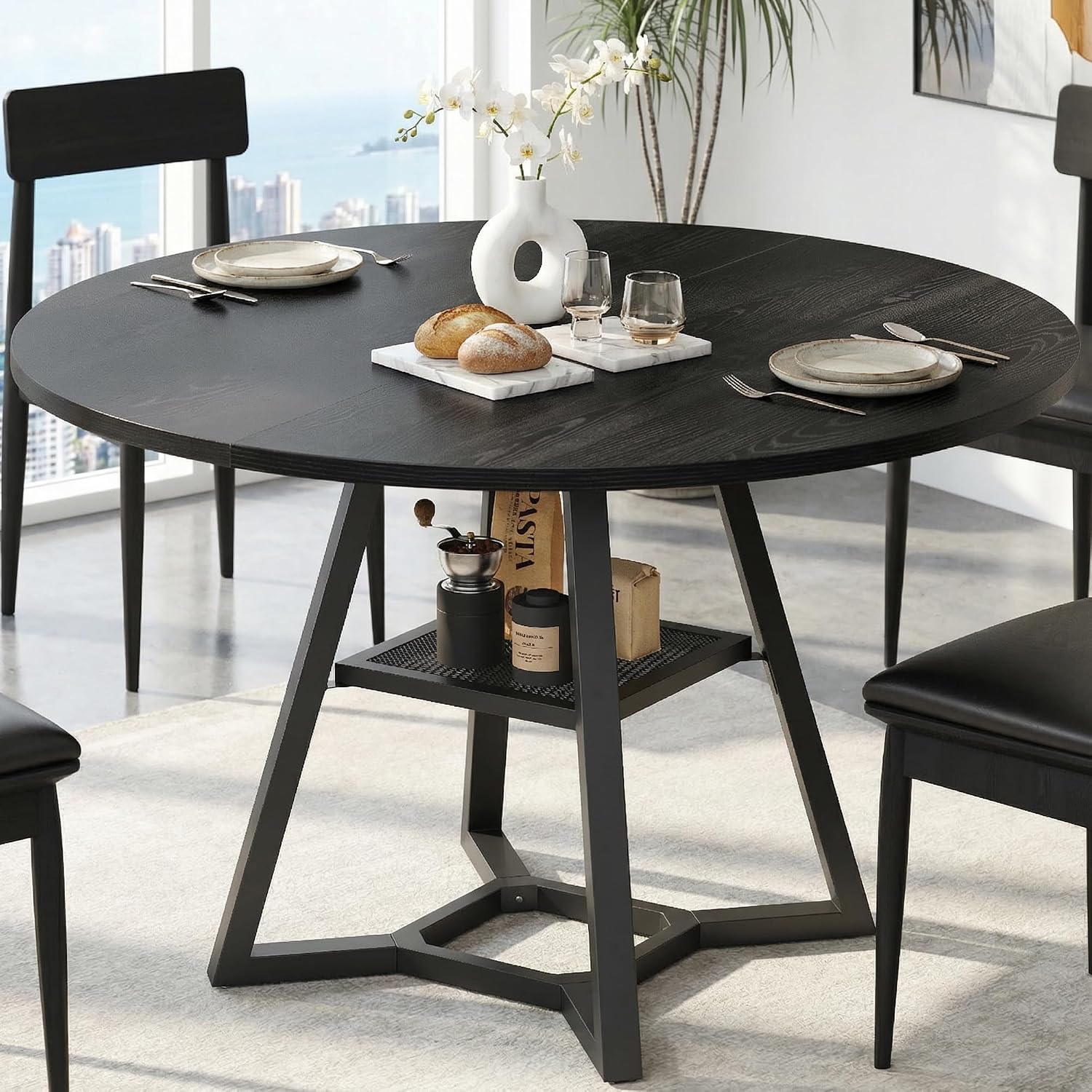 knoworld Round Dining Table for 4-6 with Storage Shelf, Kitchen & Dining Room Circle Pedestal Table, Heavy Duty Metal Frame & Wood Top