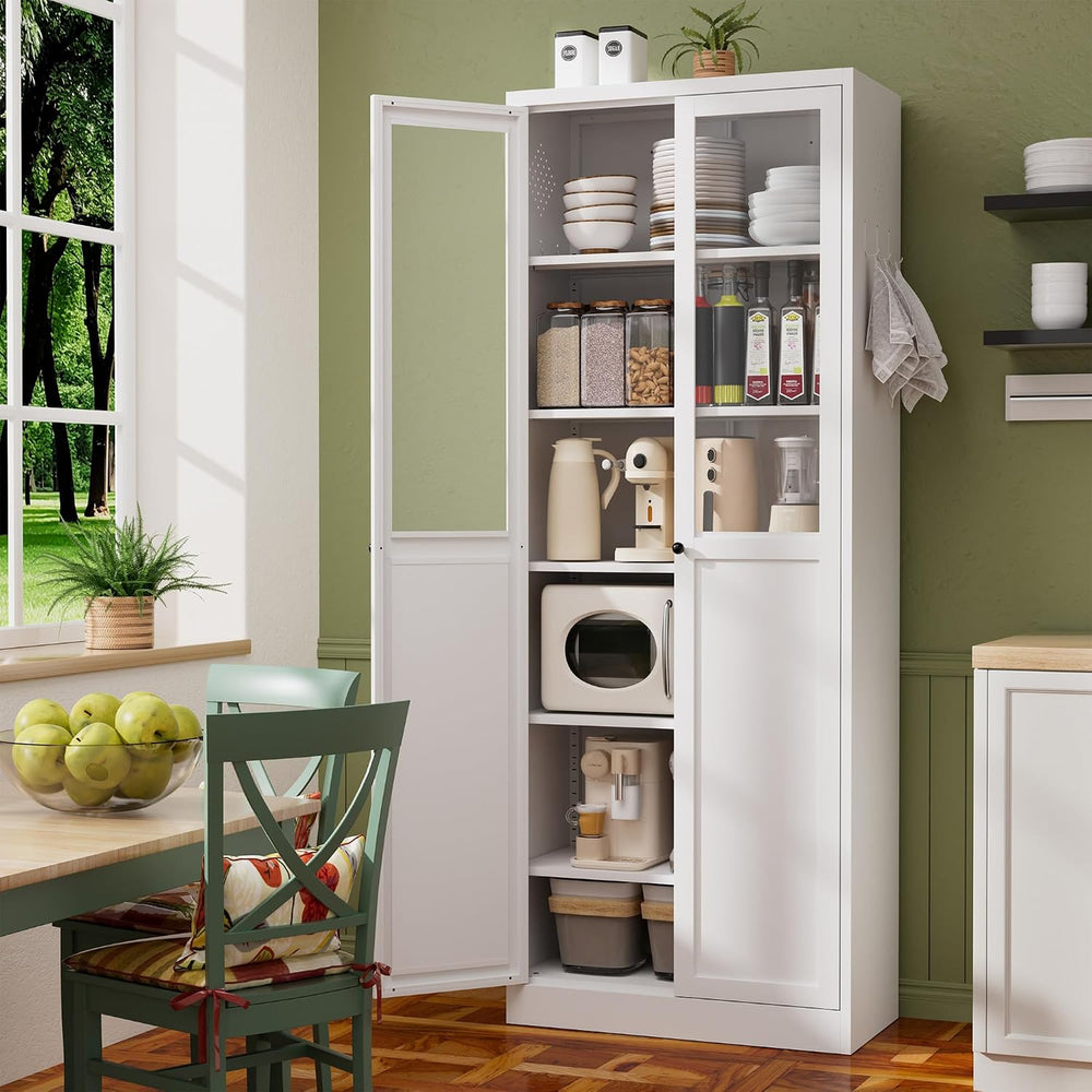 Storage Pantry Buffet Cabinet - 72" White Metal Tall Heavy-Duty Adjustab...