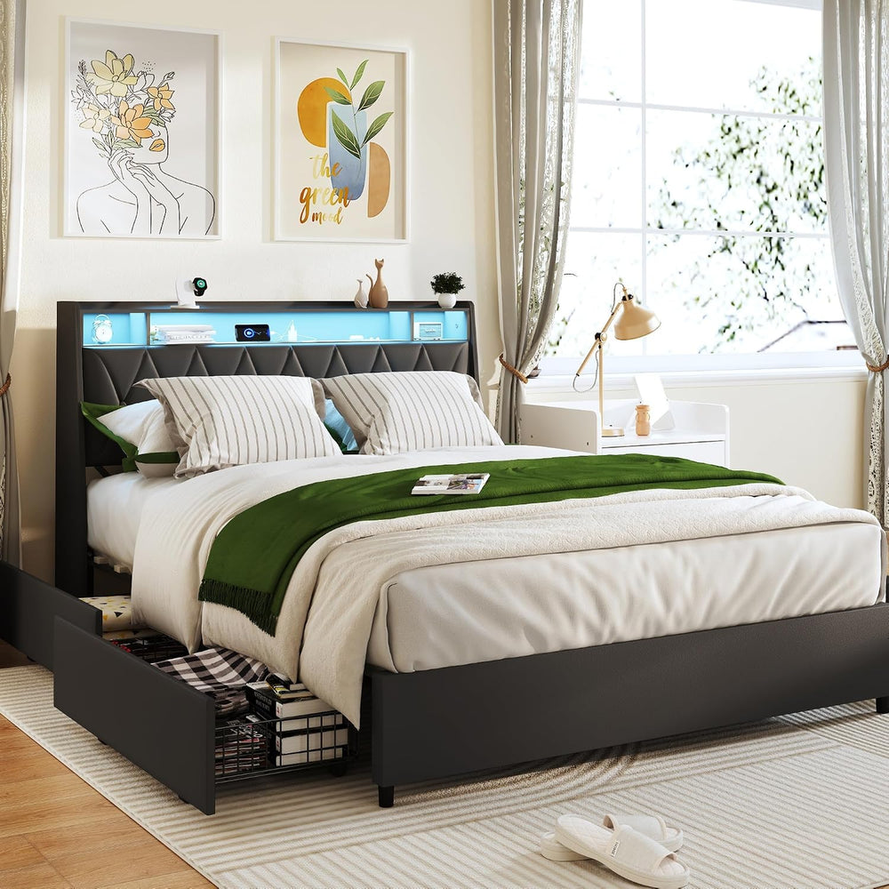 Peanu Full Bed Frame, Ergonomic Headboard, LED Lighting Black