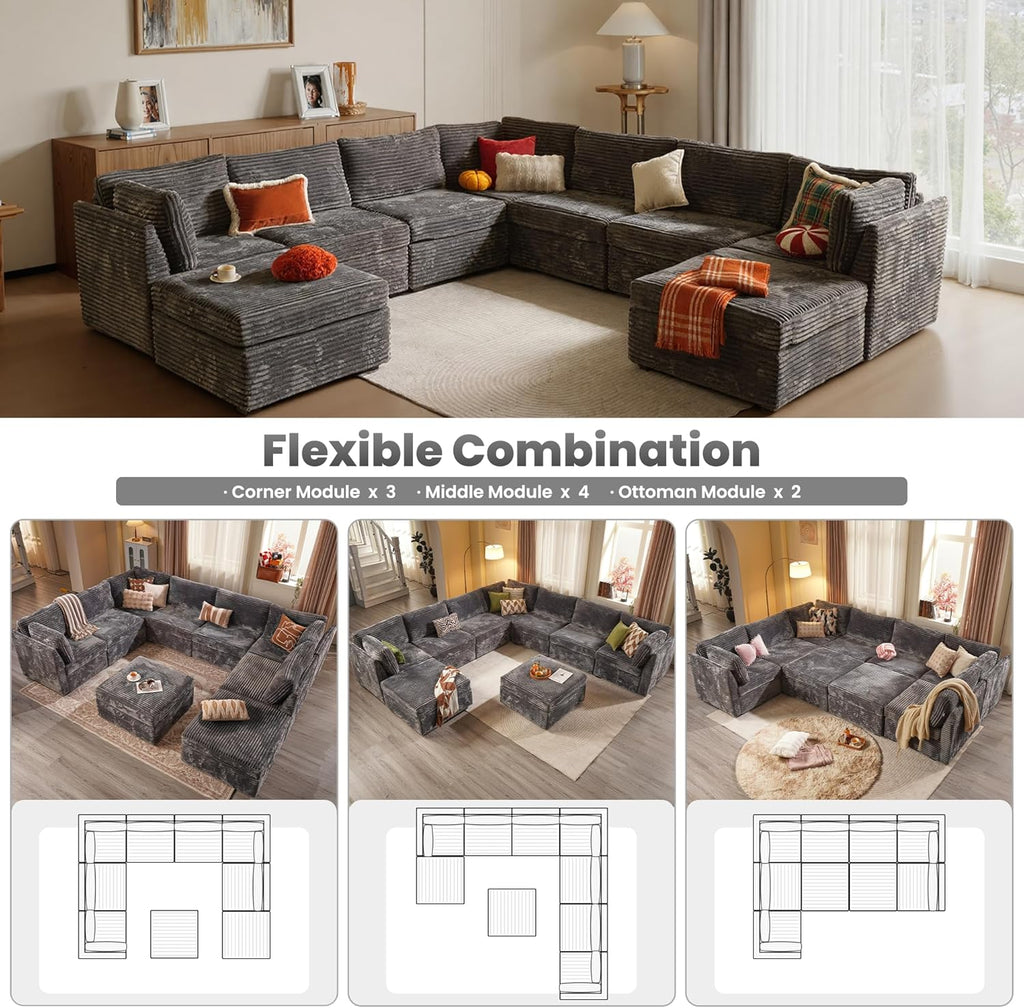 ovios Modular Sectional Sofa Couch with U-Shape Chaise Ottomans, Comfy Plush Corduroy Cloud Couches, Modern Luxury Deep Seat Sofas Set for Living Room, 9-Seater, Grey