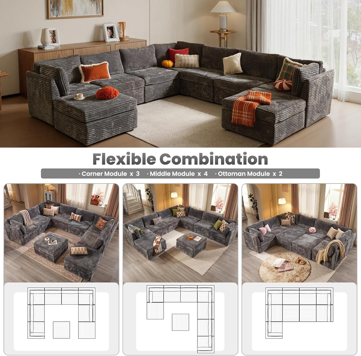 ovios Modular Sectional Sofa Couch with U-Shape Chaise Ottomans, Comfy Plush Corduroy Cloud Couches, Modern Luxury Deep Seat Sofas Set for Living Room, 9-Seater, Grey