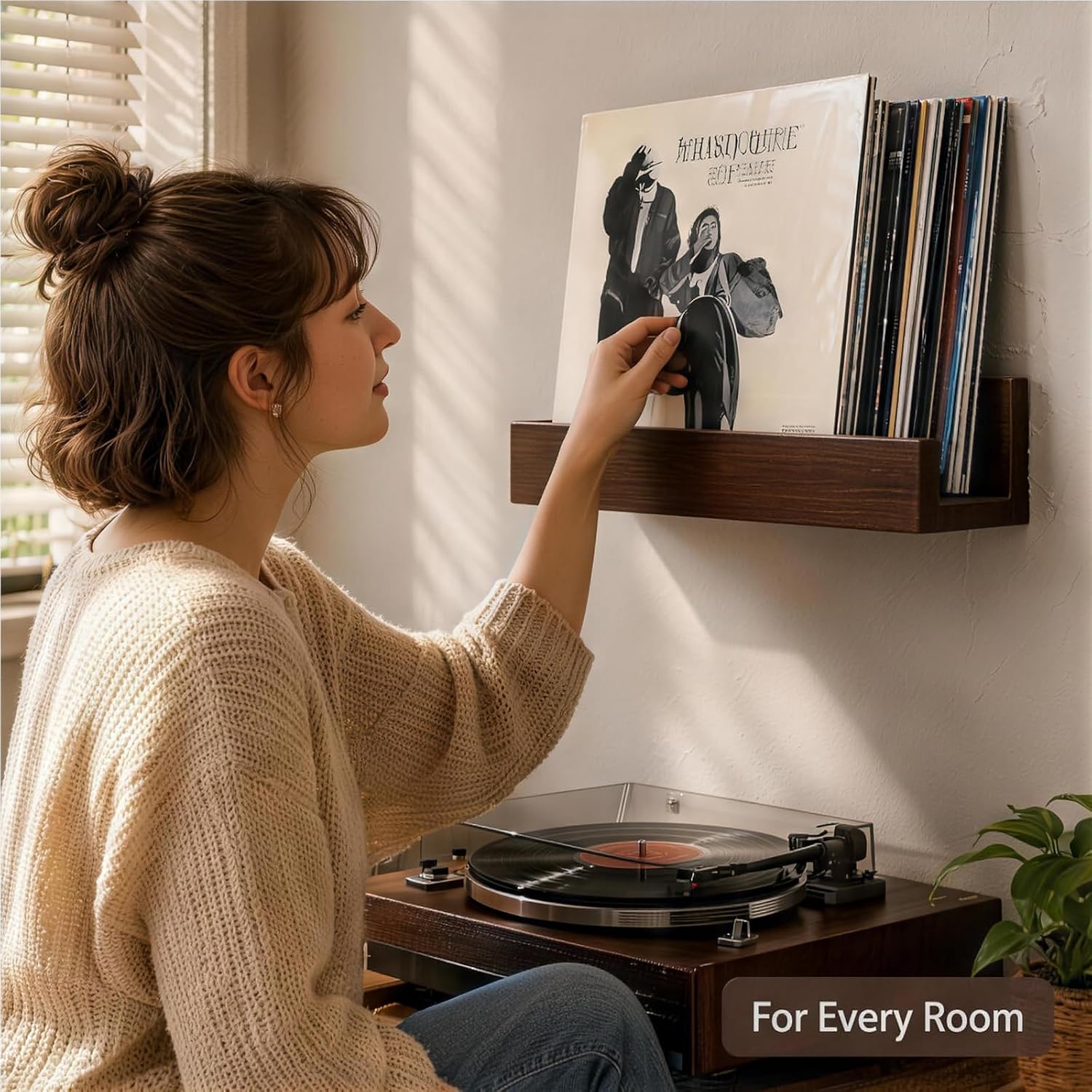 Large Wall Mount Vinyl Record Display, Solid Structure Vinyl Holder Wall, Multi Space Record Holder, Decorative Album Storage Rack for Living Room Bedroom Music Room Dark Walnut Finish