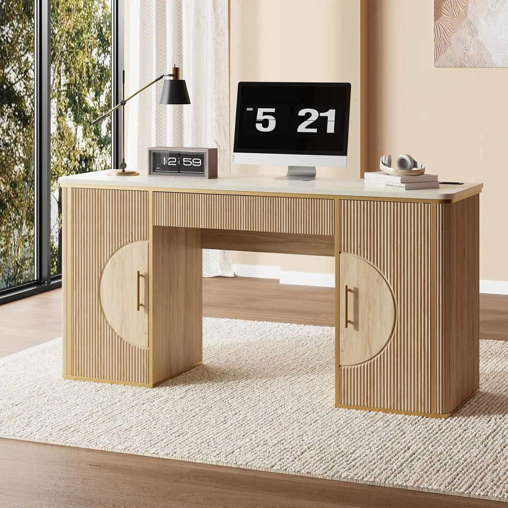 60" Fluted Computer Desk, Wooden Long Home Office Writing Desk with Draw...