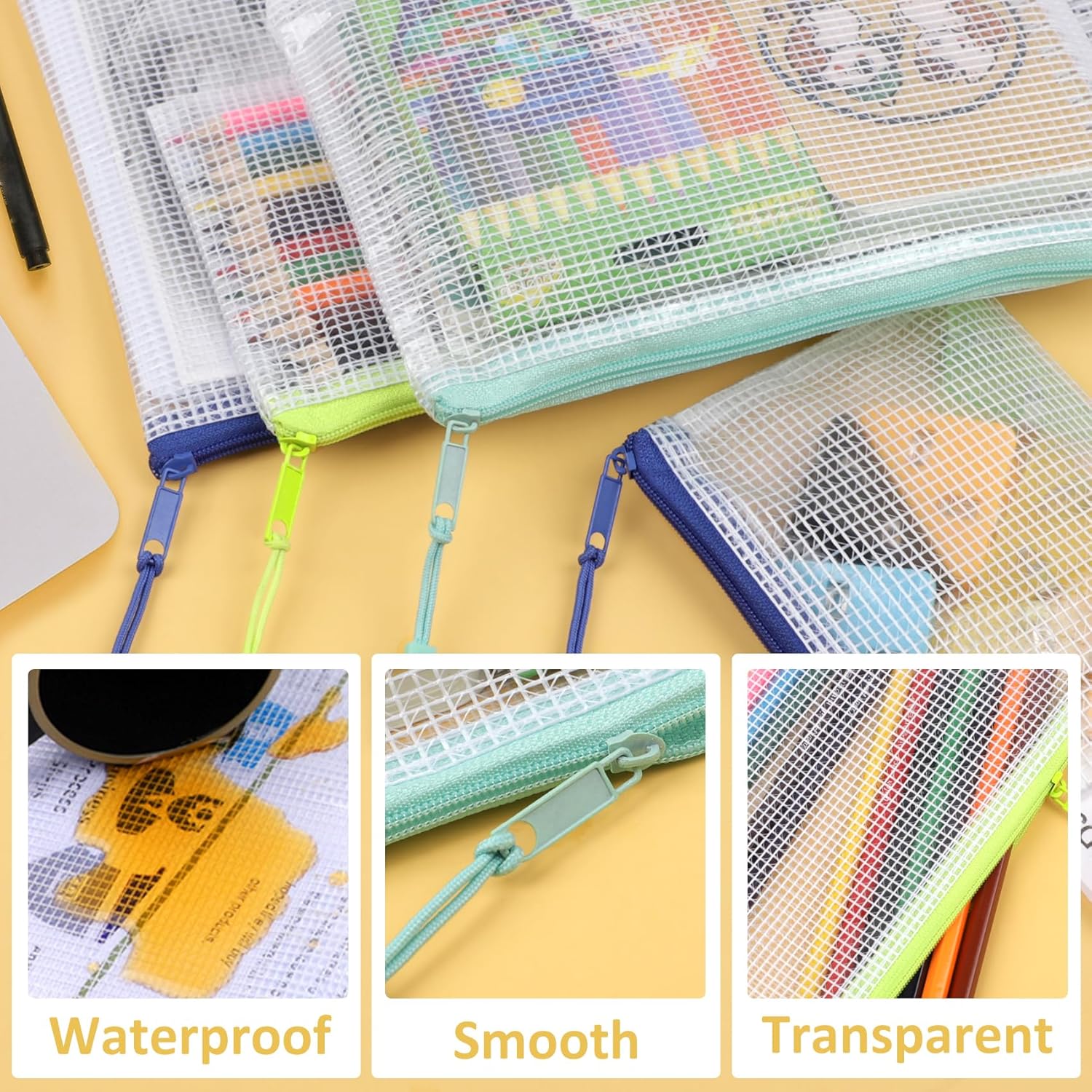 18PCS Mesh Zipper Pouch Bags, Zipper Bags for Office Supplies,9 Colors for Puzzles Board Game Storage, 8 Sizes for Reusable Plastic Zip Organizer for Travel
