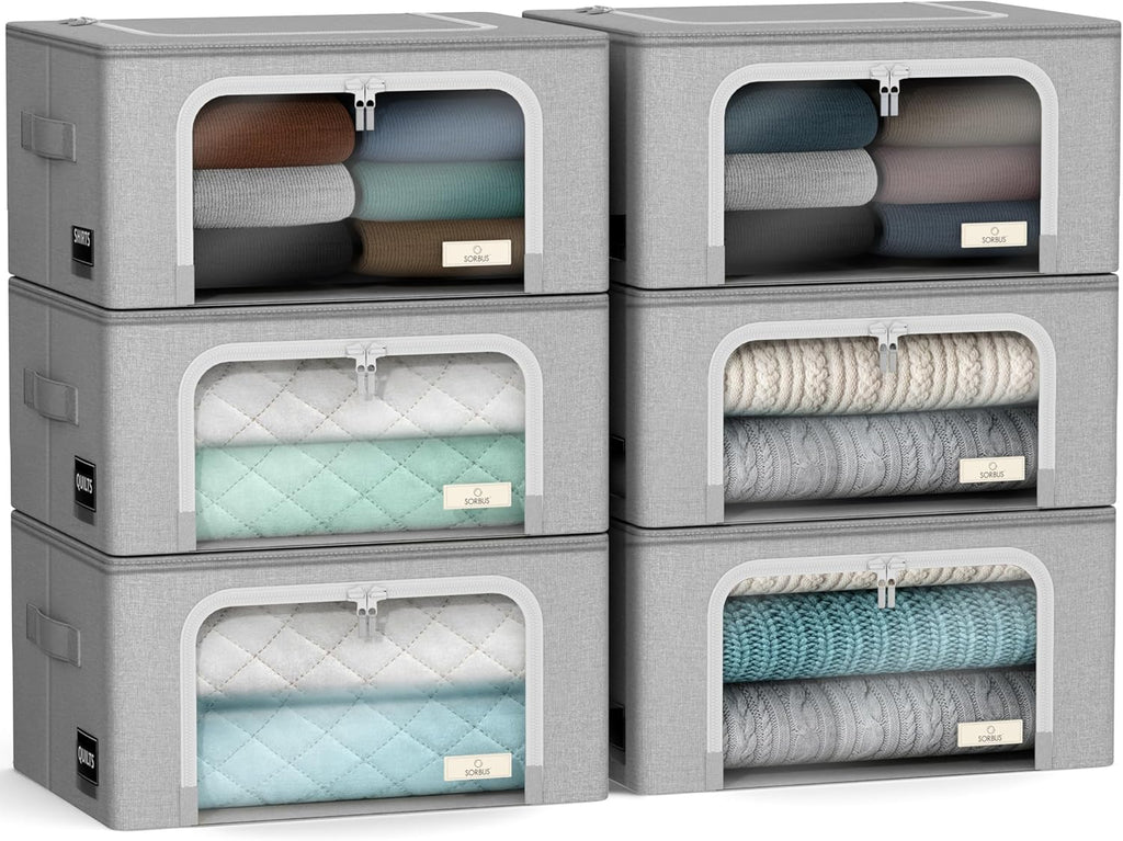 Sorbus Storage Bins with Metal Frame - Stackable & Foldable Clothes Organizer Bags - Oxford Fabric Storage Containers with Large Clear Window & Carry Handles, Bedroom Organization for Bedding & Linen