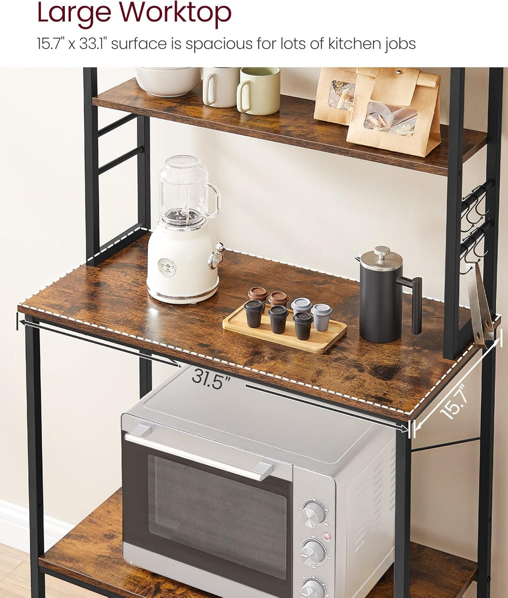VASAGLE Coffee Bar, 31.5 Inches Baker's Rack for Kitchen with Storage, 6-Tier Kitchen Shelves with 6 Hooks, Microwave Stand, Industrial, Rustic Brown and Ink Black UKKS019B01