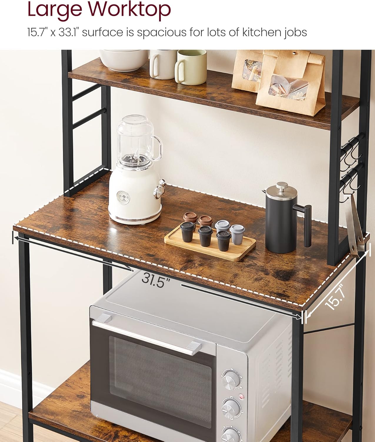 VASAGLE Coffee Bar, 31.5 Inches Baker's Rack for Kitchen with Storage, 6-Tier Kitchen Shelves with 6 Hooks, Microwave Stand, Industrial, Rustic Brown and Ink Black UKKS019B01