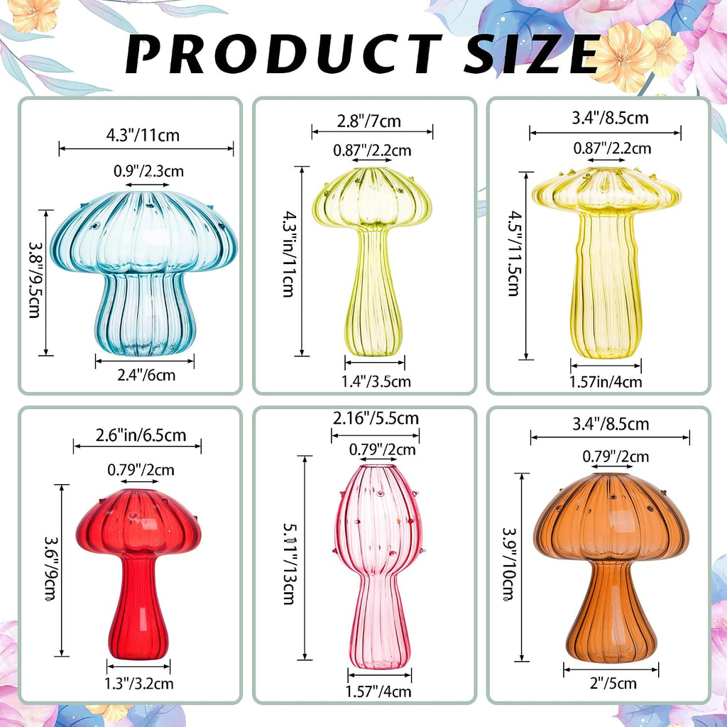 Mushroom Vase, Set of 6 Colored Flower Vase, Propagation Stations Vases, Small Bud Vases Home Decor Cute Glass Mushroom Planter for Room Office Decoration (Colorful)