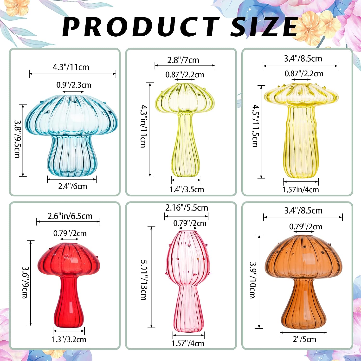 Mushroom Vase, Set of 6 Colored Flower Vase, Propagation Stations Vases, Small Bud Vases Home Decor Cute Glass Mushroom Planter for Room Office Decoration (Colorful)