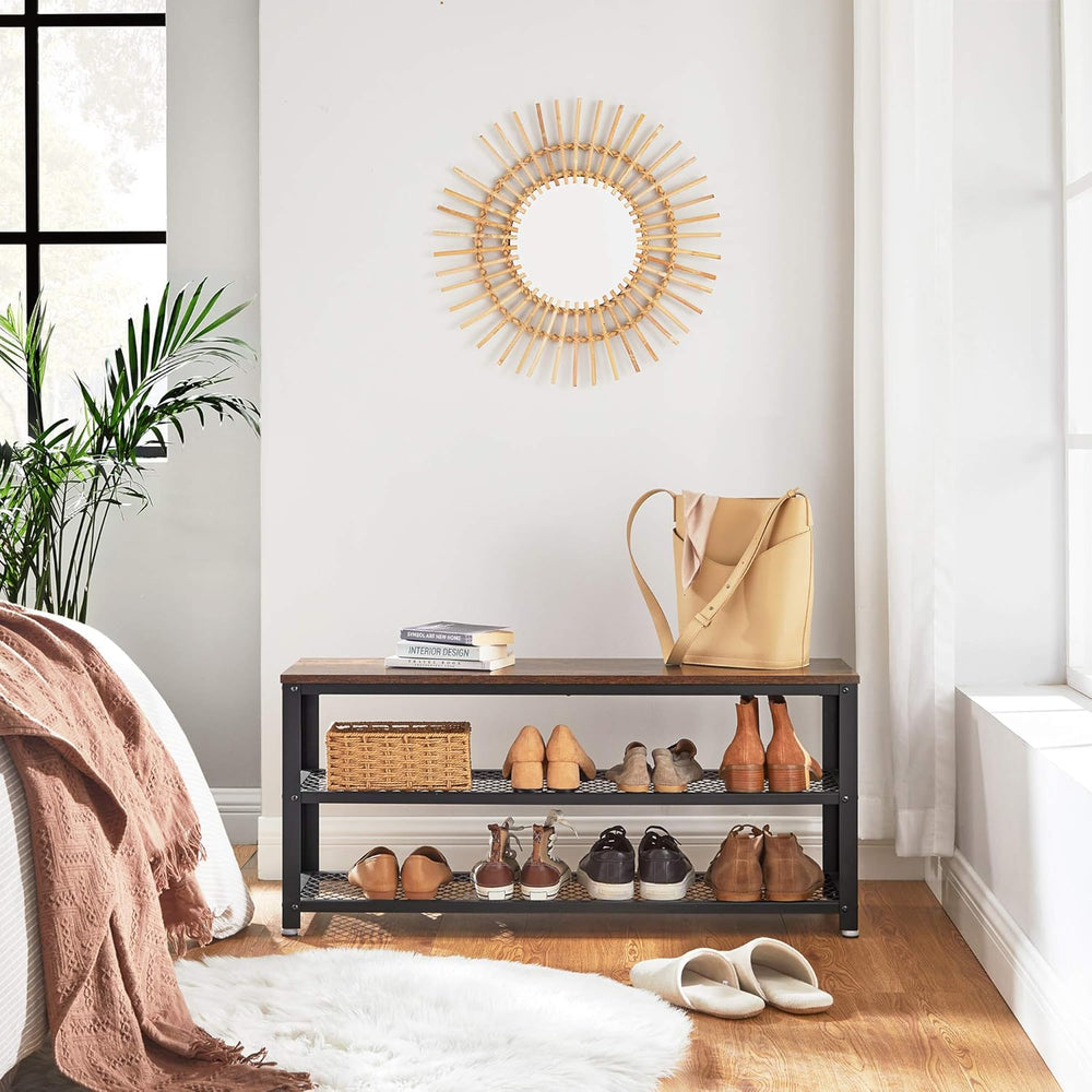 VASAGLE 3-Tier Shoe Rack, Shelf Storage Bench with Metal Mesh Shelves and Sea...