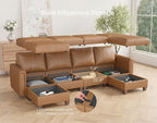 SITJOY 118" Faux Leather Modular Sectional Sofa with Storage, Mid Century Modern Sectional Couches for Living Room, Soft Padded Armrests, 4 Seater U-Shaped Couch with Ottoman, Brown
