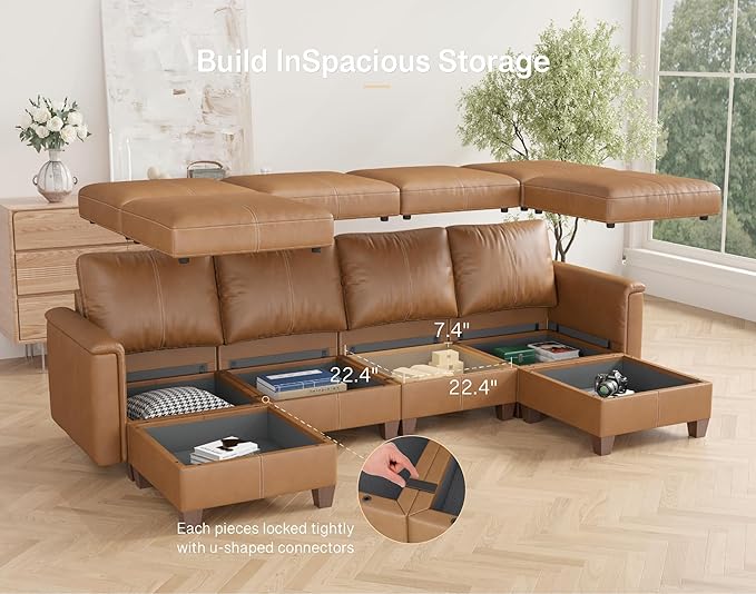 SITJOY 118" Faux Leather Modular Sectional Sofa with Storage, Mid Century Modern Sectional Couches for Living Room, Soft Padded Armrests, 4 Seater U-Shaped Couch with Ottoman, Brown