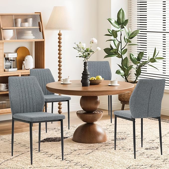 Dining Chairs Set of 4, Upholstered Wooden Dining Room Chairs, Mid Century Modern Fabric Kitchen Chair with Metal Legs Chenille Fabric for Kitchen/Restaurant/Hotel- Dark Gray (Only Chairs)