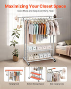 VEVOR Clothes Rack, Rolling Clothing Garment Rack, Extendable Carbon Steel Clothing Racks with Wheels for Bedroom, Laundry, Living Room