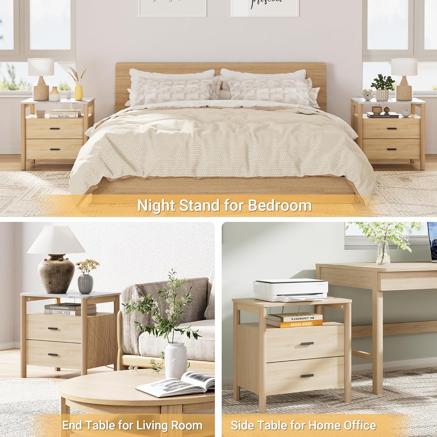 Night Stand with Charging Station, 24" Large Modern Nightstand with Faux Marble Top, 2 Drawers End Table with Solid Round Post Legs & Open Shelf, for Bedroom, Natural Oak