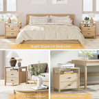 Night Stand Set of 2 with Charging Station, 24" Large Modern Nightstand with Faux Marble Top, 2 Drawers End Table with Solid Round Post Legs&Open Shelf, for Bedroom, Natural Oak