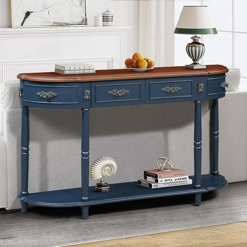 P PURLOVE Curved Console Table with 2 Drawers, Retro Sofa Table with Solid Wo...