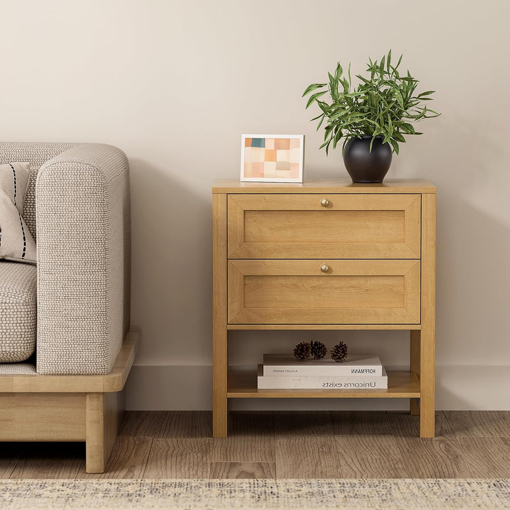 End Table with 2 Drawers, Farmhouse Nightstand with Open Shelf, Modern Bedsid...