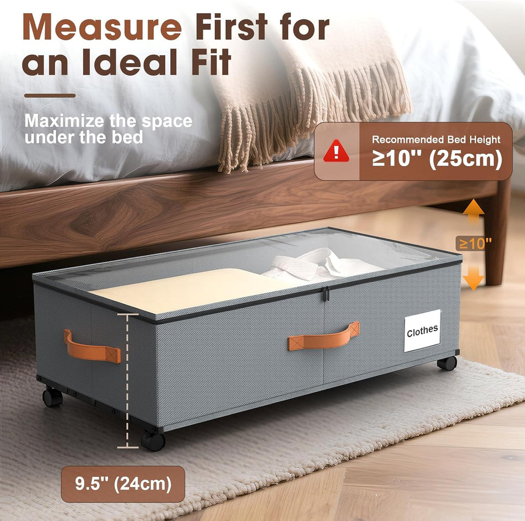 Eastherry Under Bed Storage Containers with Wheels, 9.5 inches Higher Underbed Shoes Blankets Clothes Toy Storage Drawers for College Dorms Bedrooms Nursery Rooms Organization, 2 Pack to be Assembled