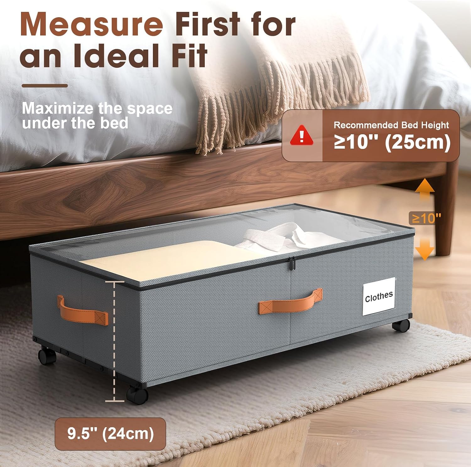 Eastherry Under Bed Storage Containers with Wheels, 9.5 inches Higher Underbed Shoes Blankets Clothes Toy Storage Drawers for College Dorms Bedrooms Nursery Rooms Organization, 2 Pack to be Assembled