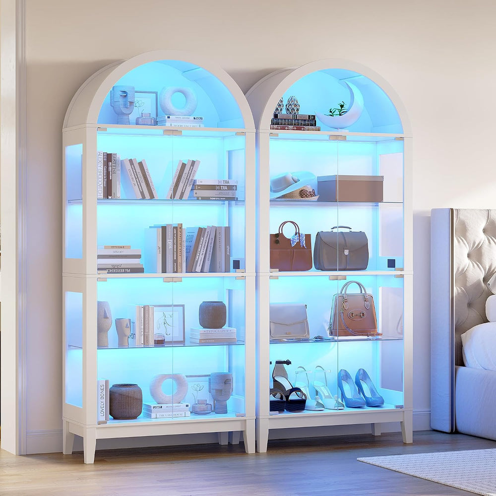 HNEBC Arched Display Cabinet with Glass Doors& Music Sync Lights,White