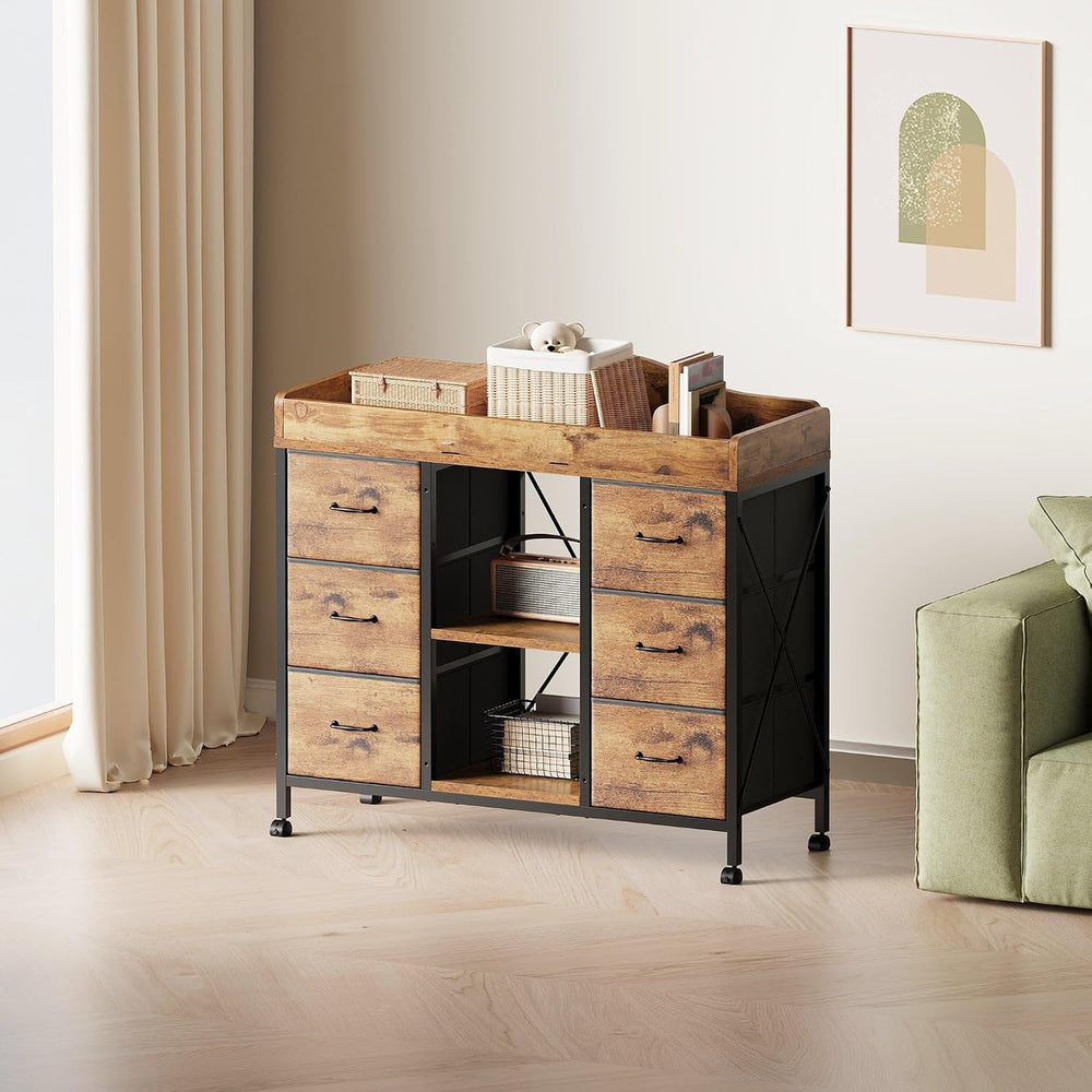 YeTom Changing Table, 6-Drawer Dresser, Adjustable Shelves, Rustic Brown