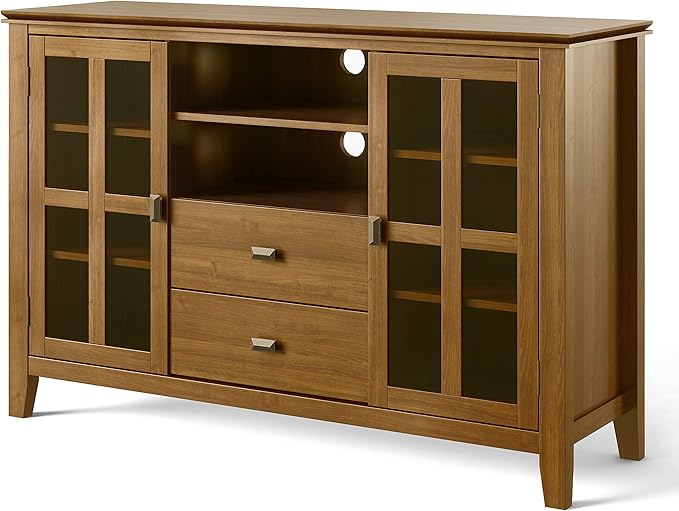 SIMPLIHOME Artisan TV Stand - 53 inch Wide Solid Wood Tall Media Console in Honey Brown, Contemporary Entertainment Center for Living Room for TVs up to 60 Inches with Drawers and Cable Management