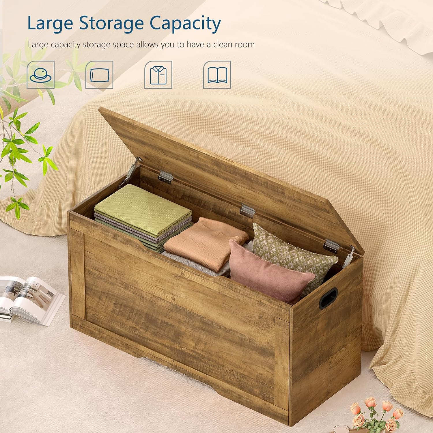 usikey 39.4” Storage Bench, Toy Box with 2 Safety Hinges, Lift Top Storage Chest, Toy Chest for Living Room, Bedroom, Entryway, Honey Brown